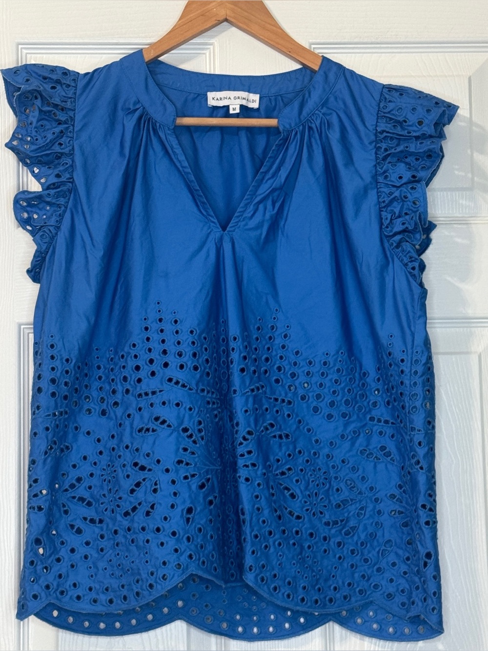 Karina Grimaldi blue eyelet flutter sleeve top